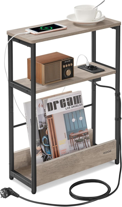 Masuta ingusta cu priza si porturi de incarcare USB, 3 rafturi, 45x18x58 cm, gri [4]