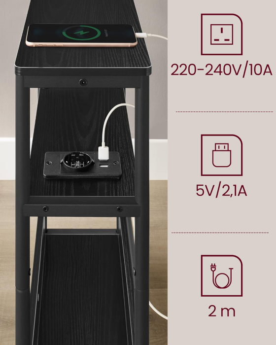 Masuta ingusta cu priza si porturi de incarcare USB, 3 rafturi, 45x18x58 cm, negru [6]