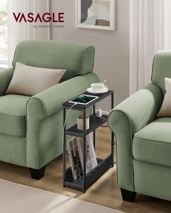 Masuta ingusta cu priza si porturi de incarcare USB, 3 rafturi, 45x18x58 cm, negru [4]