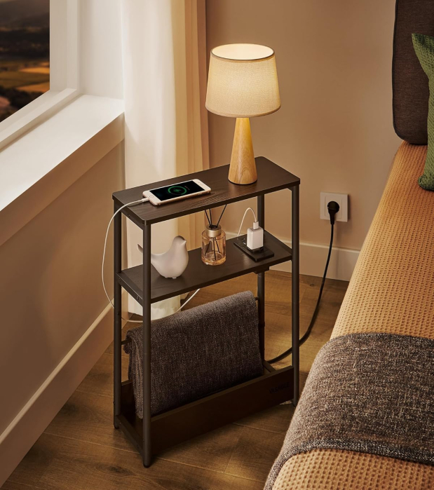 Masuta ingusta cu priza si porturi de incarcare USB, 3 rafturi, 45x18x58 cm, negru [5]