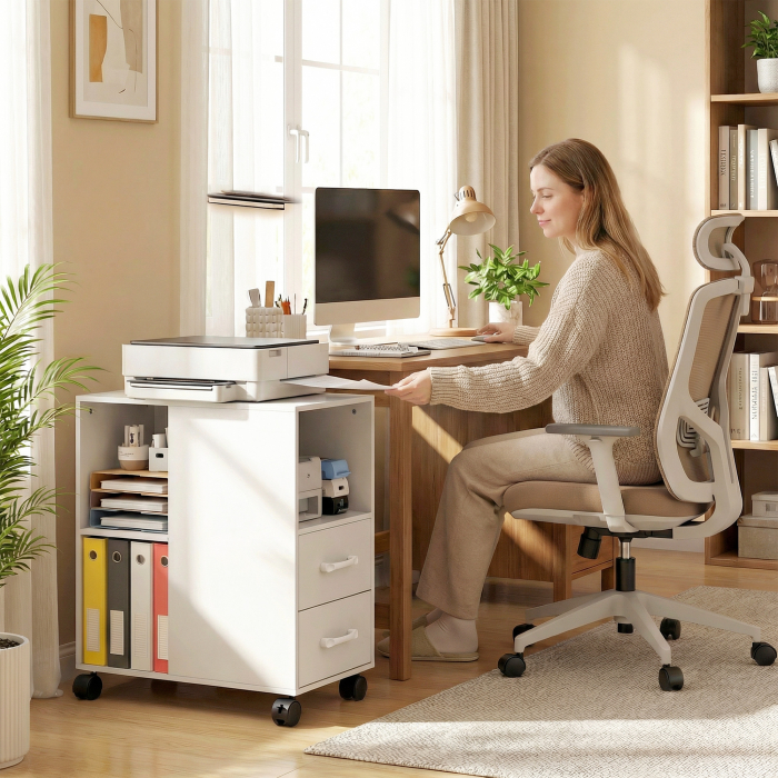  Masuta Minimalista pe Rotile cu 2 Sertare, Compartiment Deschis si Raft Reglabil, din Lemn, 60x30x65 cm, Alb [8]