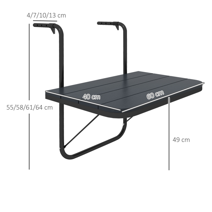  Masuta Pliabila si Reglabila pentru Balcon, Masa Suspendata pentru Balustrada, din Aluminiu si Plastic cu Efect de Lemn, Suport pentru Plante sau Gustari, Negru [3]