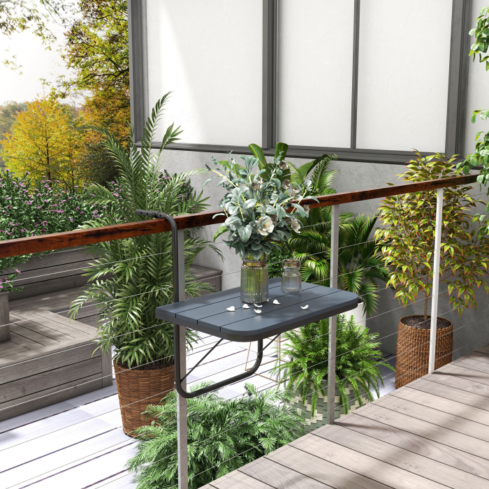 Masuta Pliabila si Reglabila pentru Balcon, Masa Suspendata pentru Balustrada, din Aluminiu si Plastic cu Efect de Lemn, Suport pentru Plante sau Gustari, Negru [2]