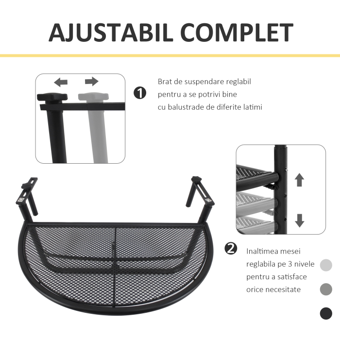 Masuta Suspendata Balcon Reglabila in inaltime, Fier Negru, 60x45x50 cm [4]