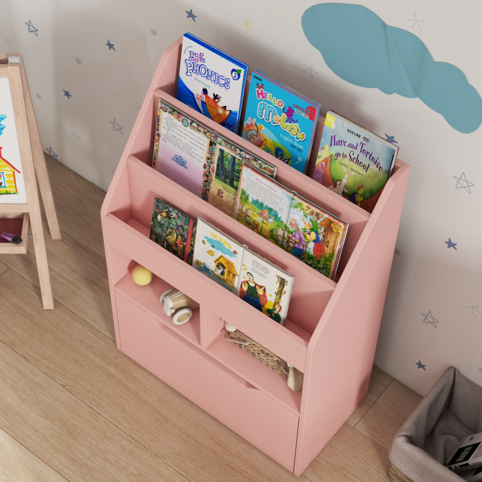  Mica Biblioteca pentru Copii cu Rafturi si Sertar din MDF, 60x29.9x90cm, Roz [9]