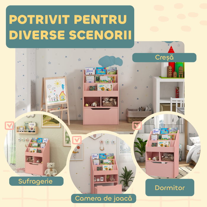  Mica Biblioteca pentru Copii cu Rafturi si Sertar din MDF, 60x29.9x90cm, Roz [7]