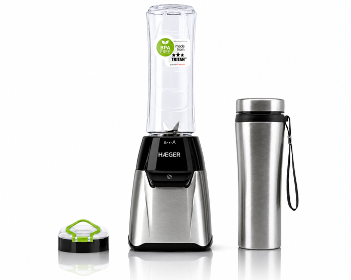 Mini blender HAEGER SPORTS, Putere 350 W, Pahar TRITAN 600 ml, Bidon termic din inox, 4 Lame din inox, Inox [2]