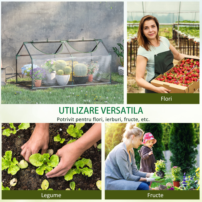  Mini Sera de Gradina cu 2 Ferestre Rulou si Copertina PVC Anti-UV, 120x60x60cm, Transparenta [7]