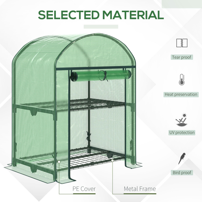  Mini Sera de Gradina cu 2 Rafturi Metalice si Acoperis PE, Sera Compacta pentru Balcon si Terasa, 69x49x91 cm, Verde [4]