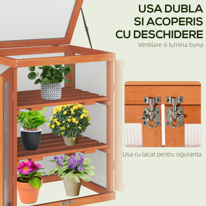  Mini Sera de Gradina cu 3 Etajere din Lemn de Brad si Policarbonat, Deschidere Laterala si Frontala, 58x44x78cm, Portocaliu [5]