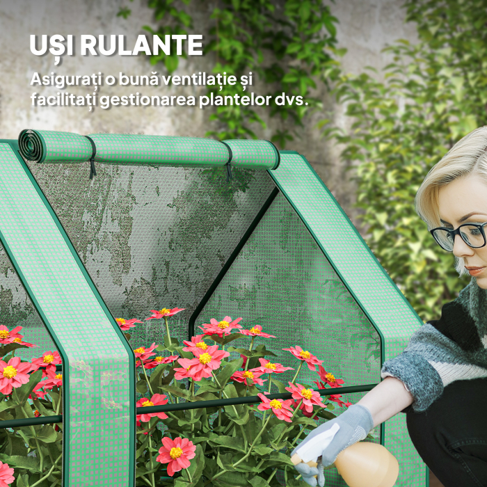  Mini Sera de Gradina cu 4 Usi Rulabile si Acoperire Extinsa, din Otel si PE, 360x90x90 cm, Verde [7]