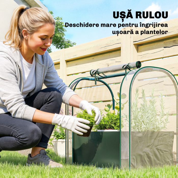  Mini Sera de Gradina cu Sac de Plantare, Sera pentru Gradina cu Usa Rulanta, Structura din Otel, Acoperire din Plastic, pentru Legume, Flori, Plante, Verde inchis [5]