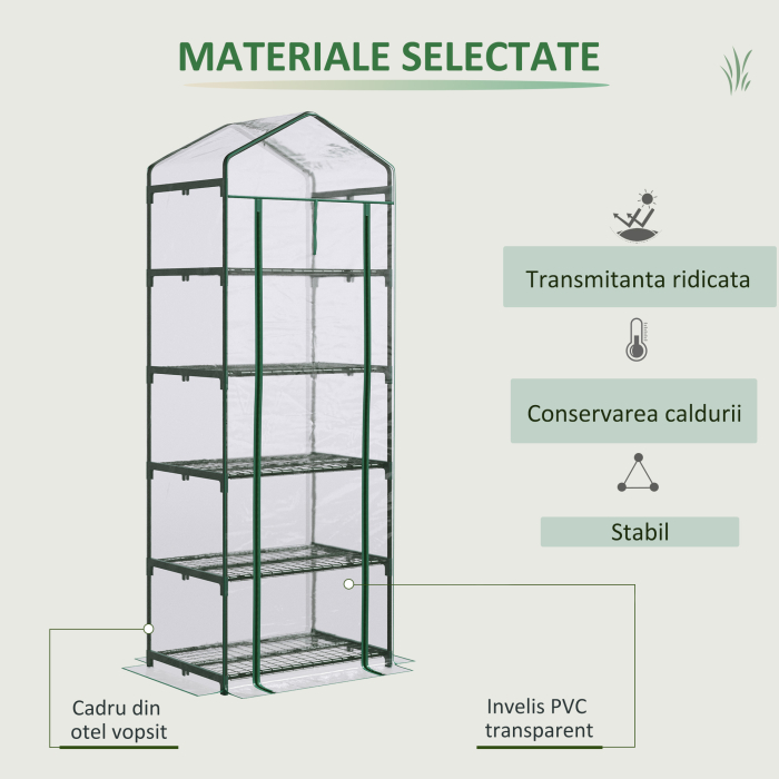  Mini Sera pentru Plante cu 5 Etajere din Otel cu Copertina din PVC, 69x49x193cm [4]