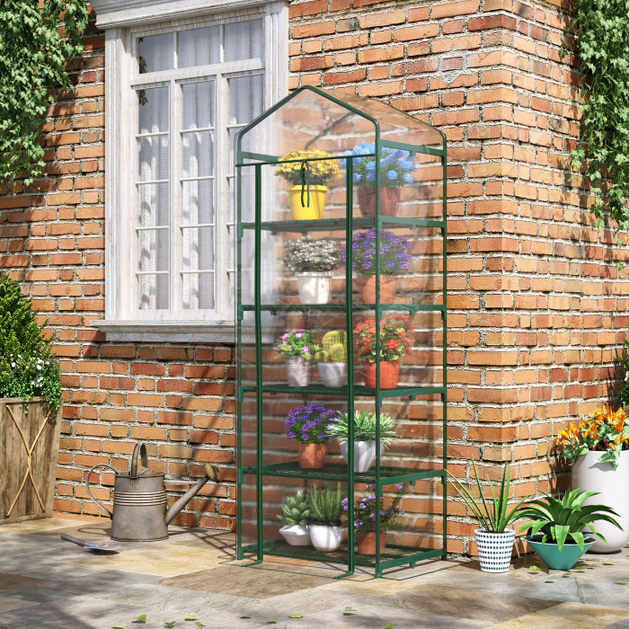 Mini Sera pentru Plante cu 5 Etajere din Otel cu Copertina din PVC, 69x49x193cm [2]