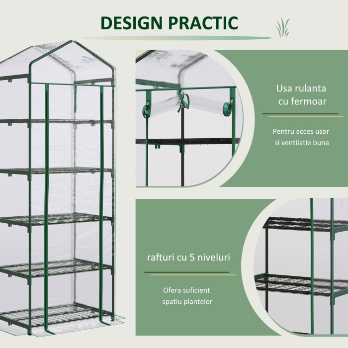  Mini Sera pentru Plante cu 5 Etajere din Otel cu Copertina din PVC, 69x49x193cm [5]