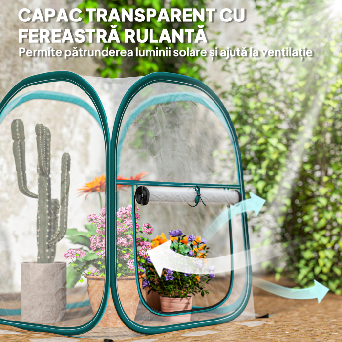  Mini Sera Pop-Up cu Acoperire din Plastic, Fereastra Rulabila si Geanta, 70x70x80 cm, Transparenta [5]