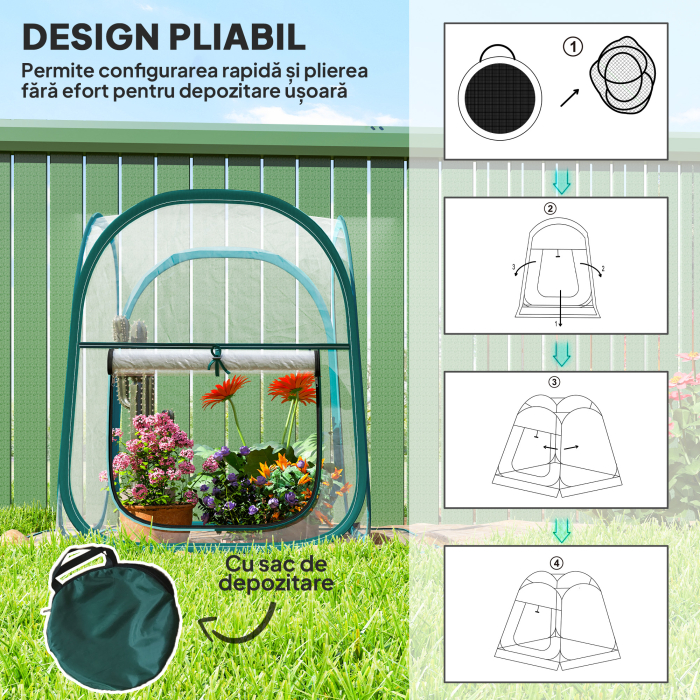  Mini Sera Pop-Up cu Acoperire din Plastic, Fereastra Rulabila si Geanta, 70x70x80 cm, Transparenta [4]