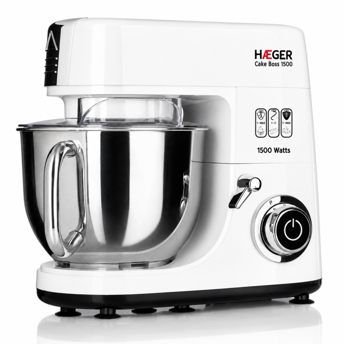 Mixer cu bol din inox HAEGER CAKE BOSS, Bol 6L, 1500W, Miscare planetara pentru amestecare uniforma, 6 viteze si functie Impuls, Alb [2]