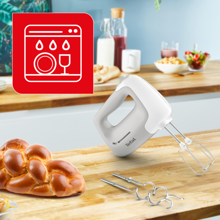 Mixer de mana Tefal Prep'Mix HT450B38, 450W, 5 trepte viteza, 2 teluri, 2 carlige, functie turbo, alb & gri [9]