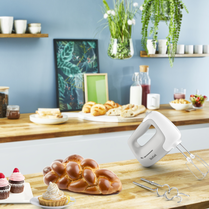 Mixer de mana Tefal Prep'Mix HT450B38, 450W, 5 trepte viteza, 2 teluri, 2 carlige, functie turbo, alb & gri [8]