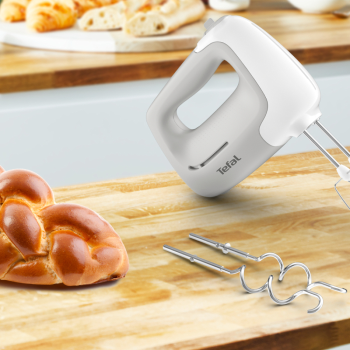 Mixer de mana Tefal Prep'Mix HT450B38, 450W, 5 trepte viteza, 2 teluri, 2 carlige, functie turbo, alb & gri [10]