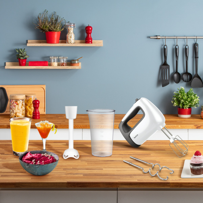 Mixer de mana Tefal Prep'Mix HT461138, 500W, 5 trepte viteza, functie turbo, 2 teluri, 2 carlige, picior pasator, pahar gradat, alb [3]