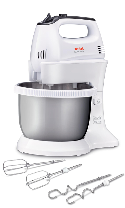 Mixer Quick Mix HT312138, 300 W, 5 trepte de viteza, functie Turbo, bol rotativ 3.5 L, 2 teluri, 2 carlige, alb [2]