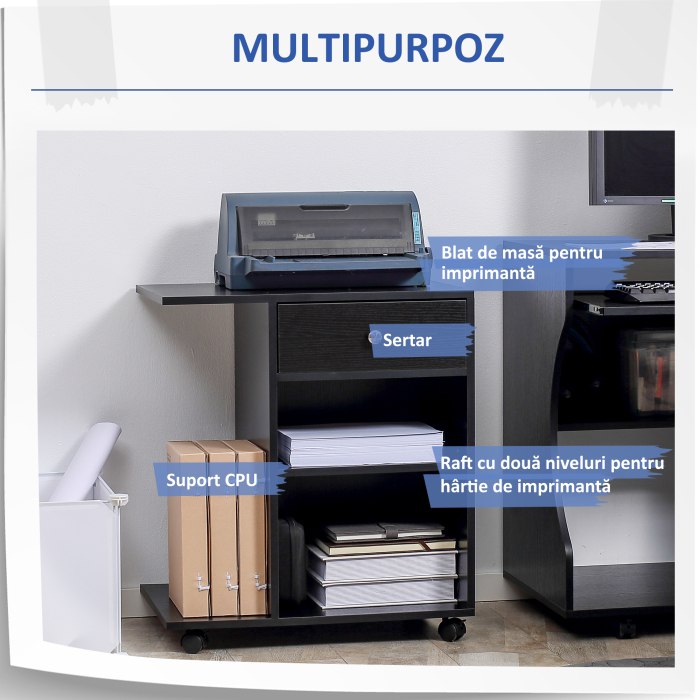  Mobila pentru Imprimanta din Lemn Negru cu 1 Sertar 2 Etajere Raft CPU [4]