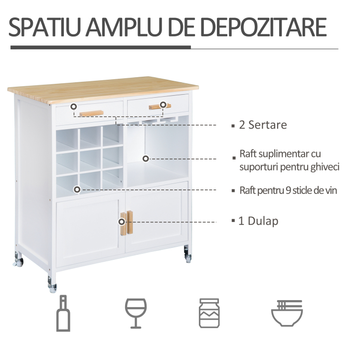  Mobiler de Bucatarie cu Roti, Suport de Pahare si Sticle din Bambus, 76x40x88cm [4]