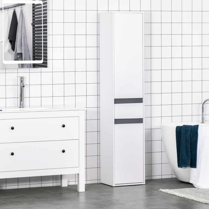  Mobilier baie tip coloana, 2 dulapuri + sertar central, alb, rafturi reglabile 35×31×172 cm [7]