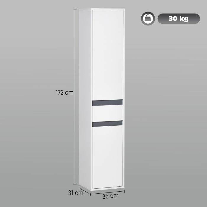  Mobilier baie tip coloana, 2 dulapuri + sertar central, alb, rafturi reglabile 35×31×172 cm [2]