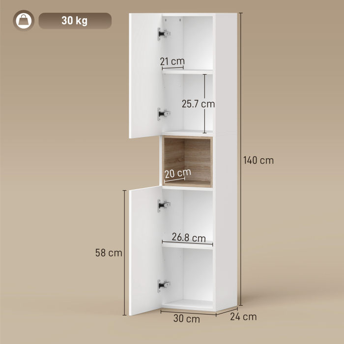  Mobilier de Baie cu 2 Usi, Rafturi Reglabile si Spatiu Deschis, Lemn, 30x24x140 cm, Alb [3]