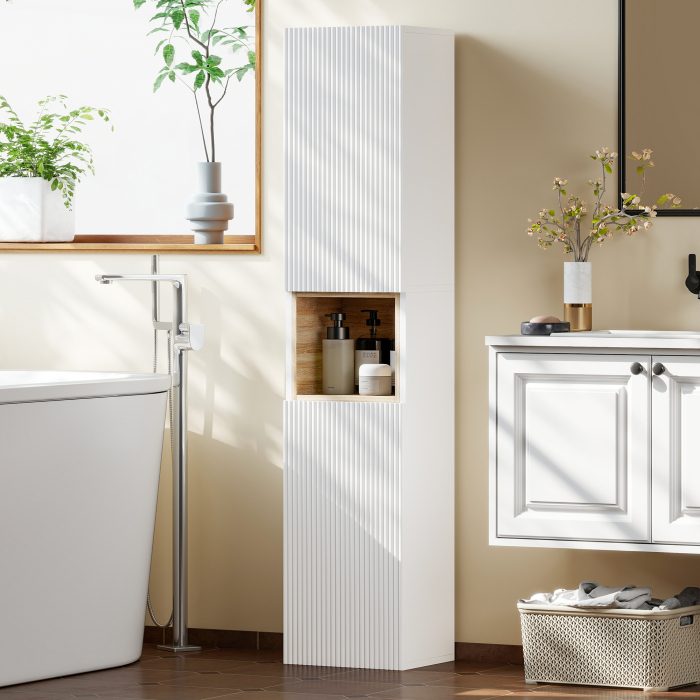  Mobilier de Baie cu 2 Usi, Rafturi Reglabile si Spatiu Deschis, Lemn, 30x24x140 cm, Alb [2]