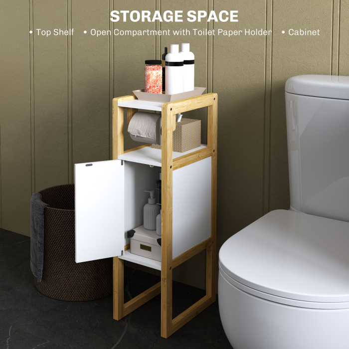 Mobilier de Baie cu Suport pentru Hartie Igienica, Dulap si Raft, Dulap Compact din Bambus, 20x33x80 cm, Alb [4]