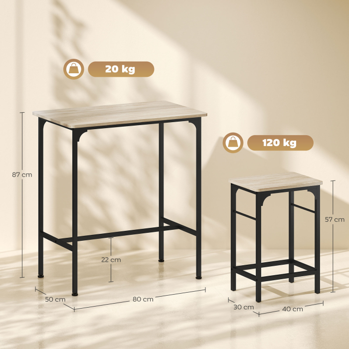  Mobilier de Bar 3 Piese cu Masa de Bucatarie si 2 Scaune de Bar din Lemn si Otel, culoare Lemn si Negru [3]