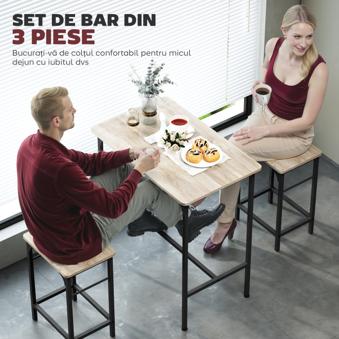  Mobilier de Bar 3 Piese cu Masa de Bucatarie si 2 Scaune de Bar din Lemn si Otel, culoare Lemn si Negru [4]