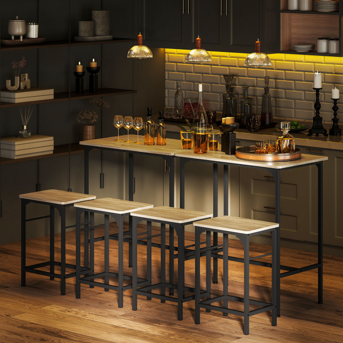  Mobilier de Bar 3 Piese cu Masa de Bucatarie si 2 Scaune de Bar din Lemn si Otel, culoare Lemn si Negru [7]