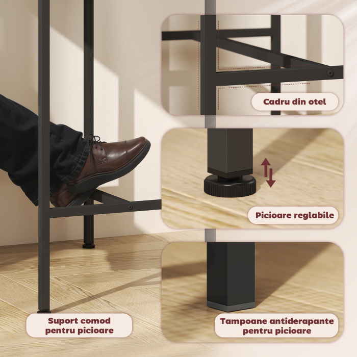  Mobilier de Bar 3 Piese cu Masa de Bucatarie si 2 Scaune de Bar din Lemn si Otel, culoare Lemn si Negru [6]
