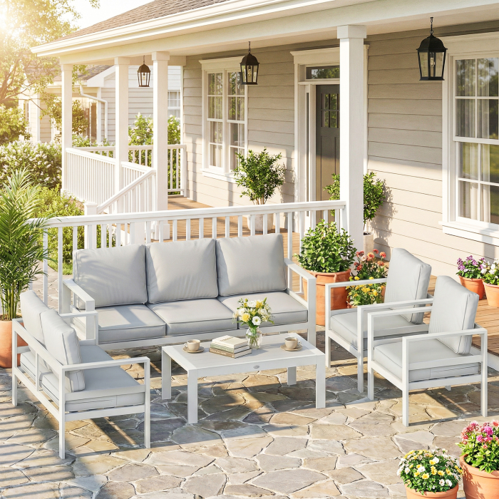  Mobilier de Gradina din Aluminiu cu Canapea 3 Locuri, 2 Fotolii si Masa pentru Exterior, Alb [2]