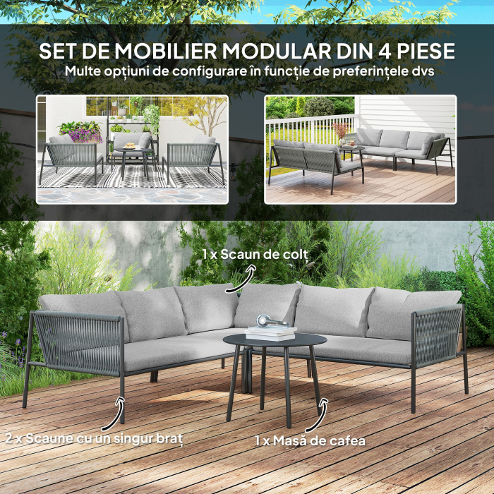  Mobilier de Gradina din Ratan cu Coltar Modular, Masuta de Cafea si Perne, Gri [4]