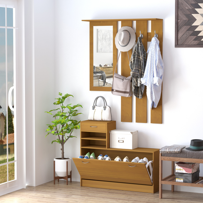  Mobilier Garderoba Dulap Pantofi Reglabil cu Oglinda si Cuier 6 carlige pentru Hol si Dormitor 90x22x116cm Lemn [2]