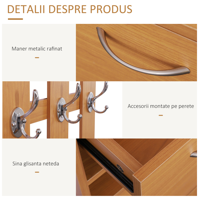  Mobilier Garderoba Dulap Pantofi Reglabil cu Oglinda si Cuier 6 carlige pentru Hol si Dormitor 90x22x116cm Lemn [5]