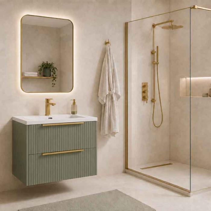 Mobilier lavoar Fluminia Istria 80, 2 sertare, front riflat, maner auriu, salvia [4]