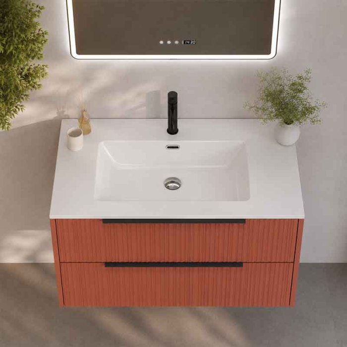Mobilier lavoar Fluminia Istria 80, 2 sertare, front riflat, maner negru, mattone [4]