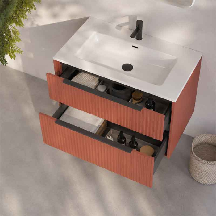 Mobilier lavoar Fluminia Istria 80, 2 sertare, front riflat, maner negru, mattone [3]