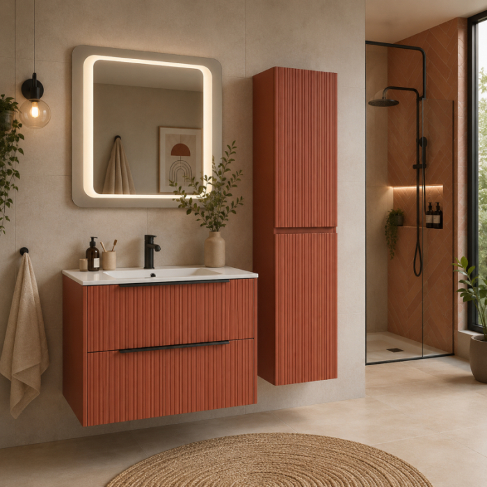 Mobilier lavoar Fluminia Istria 80, 2 sertare, front riflat, maner negru, mattone [2]