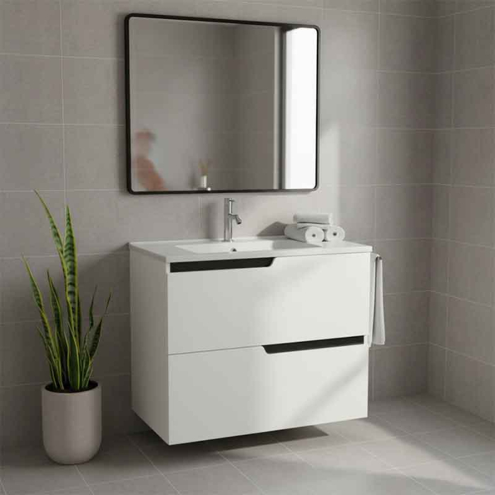 Mobilier lavoar incastrat Fluminia Bari 60, 2 sertare soft close, manere frezate, alb mat [3]
