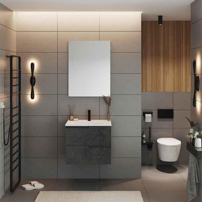 Mobilier lavoar incastrat Fluminia Bari 60, 2 sertare soft close, manere frezate, urban grey [3]