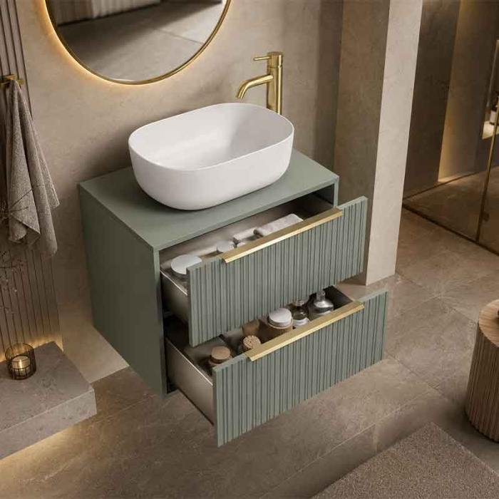 Mobilier lavoar pe blat Fluminia Istria 80, 2 sertare, front riflat, salvia, maner auriu [2]