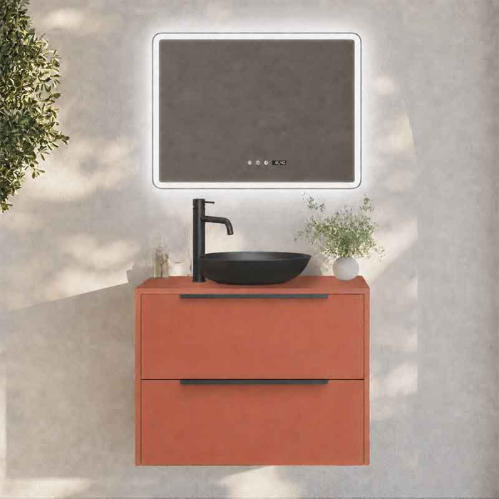 Mobilier lavoar pe blat Fluminia Istria 80, capac fix, front neted, maner negru, mattone [3]